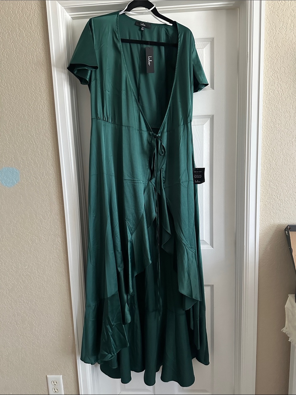 Lulu's Deep Green Satin High-Low Wrap Dress